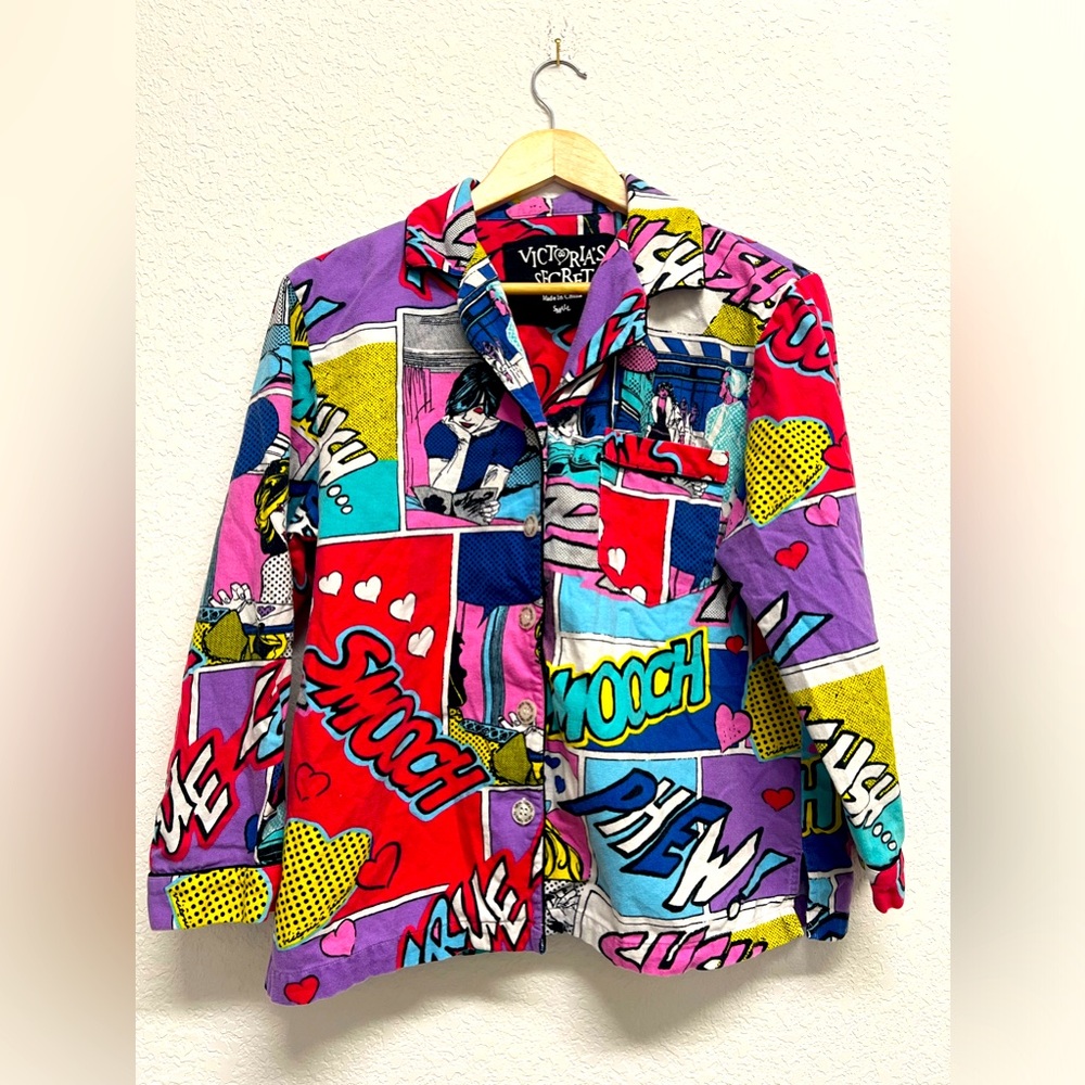 *Victorias Secret Vintage Flannel Top Comic Pop Art Long Sleeve Size Small